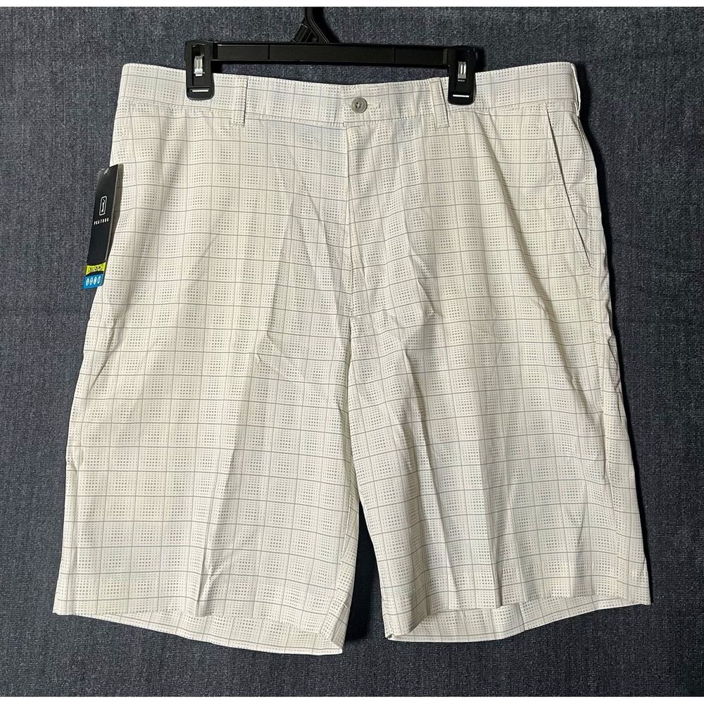 PGA TOUR Motionflux 360 Men's Golf Shorts 36 White/Gray Check Stretch NWT READ
